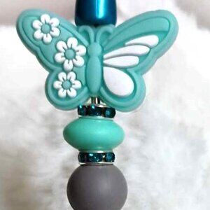 Hand Beaded Pen ~ Flutterbies! ~ Shades of Teal floral Butterfly pen